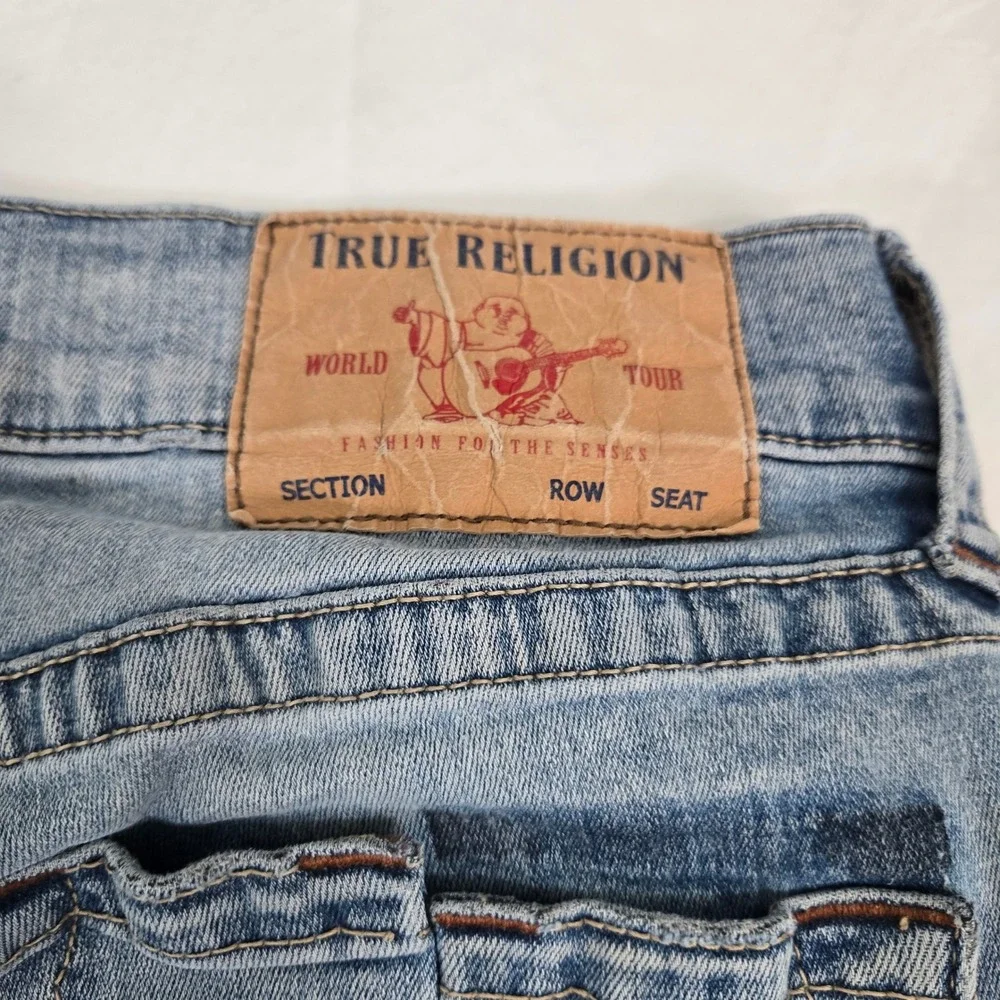 True Religion Rocco Jeans Mens 31 Thrashed Paint Splat Relaxed Skinny Blue Denim